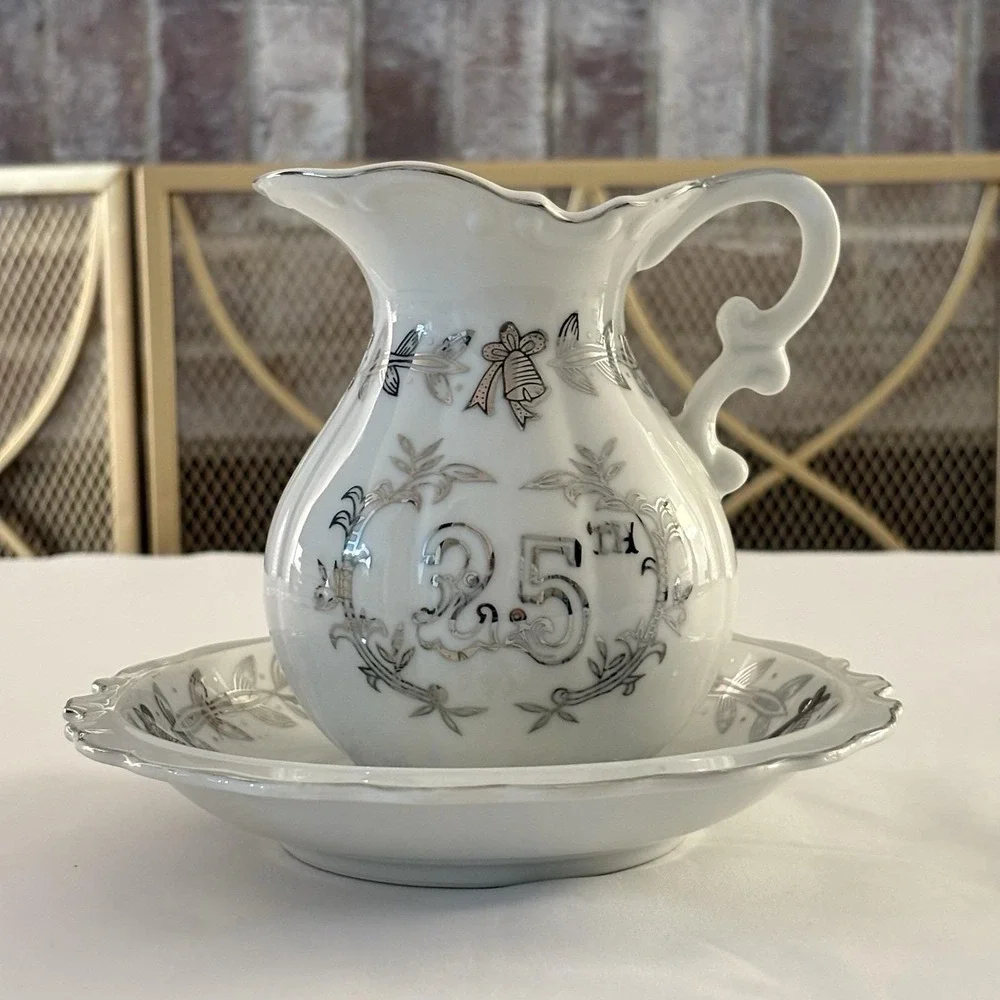 Vintage Lefton 25th Anniversary Pitcher &‎ Liner Bowl Silver White Porcelain MCM